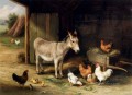 Burro, gallinas y pollos en un granero, animales de granja Edgar Hunt